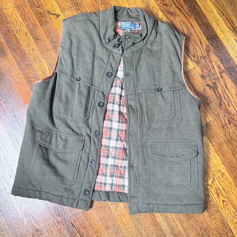 Polo Ralph Lauren Mens XXL Olive Green Quilted Plaid Lined Field Vest Cotton